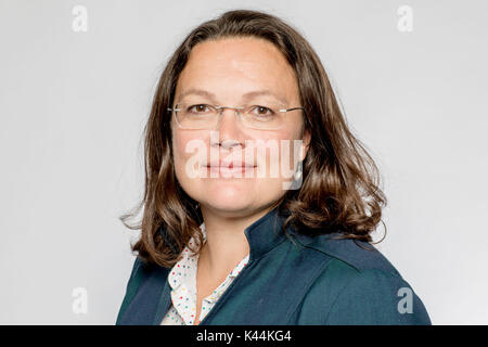 Berlin, Deutschland. 04 Sep, 2017. Andrea Nahles, der deutschen Ministerin für Arbeit und soziale Angelegenheiten, wurde dargestellt in einem dpa-Gespräch in Berlin, Deutschland, 04. September 2017. Foto: Michael Kappeler/dpa/Alamy leben Nachrichten Stockfoto