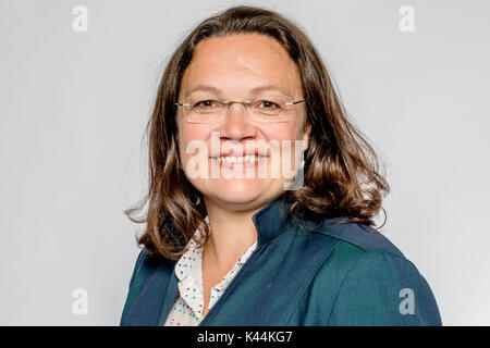 Berlin, Deutschland. 04 Sep, 2017. Andrea Nahles, der deutschen Ministerin für Arbeit und soziale Angelegenheiten, wurde dargestellt in einem dpa-Gespräch in Berlin, Deutschland, 04. September 2017. Foto: Michael Kappeler/dpa/Alamy leben Nachrichten Stockfoto