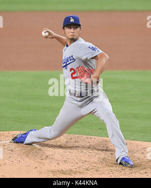 San Diego, Kalifornien, USA. 2. Sep 2017. Yu Darvish (Schwindler) MLB: Los Angeles Dodgers Krug Yu Darvish Plätze während der zweiten baseball spiel von Major League Baseball Doppelspiel gegen die San Diego Padres at Petco Park, San Diego, Kalifornien, USA. Quelle: LBA/Alamy leben Nachrichten Stockfoto