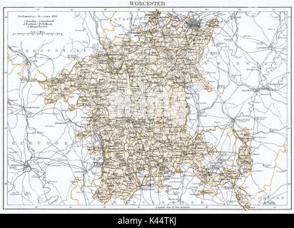 Antike Karte, ca. 1875, von Worcestershire Stockfoto