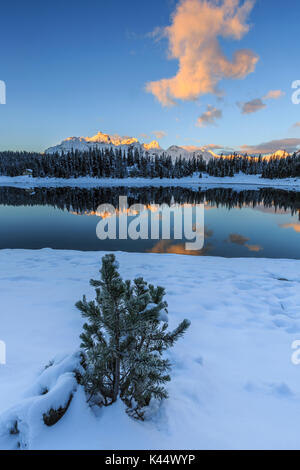 Die Farben der Morgenröte auf die schneebedeckten Gipfel und Wälder spiegelt sich im See Palù Malenco Tal Valtellina Lombardei Italien Europa Stockfoto