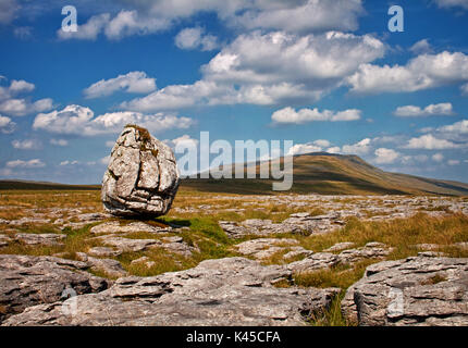 Glazialen erratischen stehend auf Kalkstein Pflaster, gegenüber Whernside Stockfoto