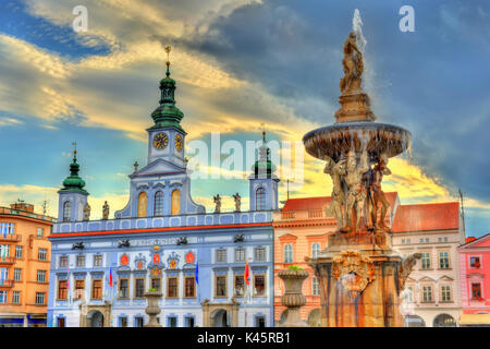 Simson Brunnen auf dem zentralen Platz von Ceske Budejovice Tschechische Republik Stockfoto