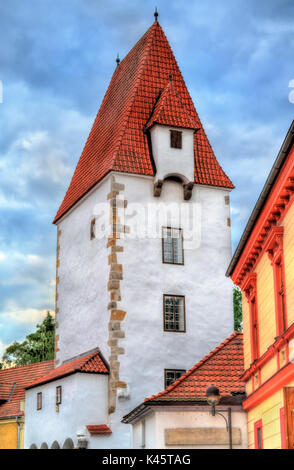 Rabenstejnska vez, einen Turm in der Altstadt von Ceske Budejovice, Südböhmen, Tschechische Republik Stockfoto