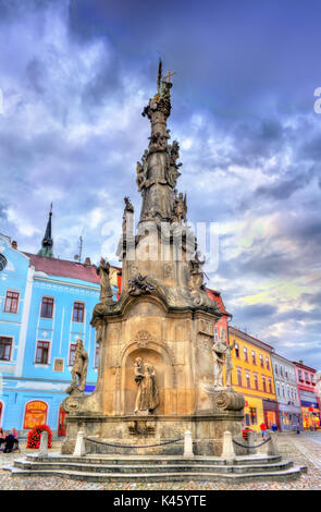 Pestsäule auf dem Hauptplatz von Jindrichuv Hradec, Südböhmen, Tschechische Republik Stockfoto