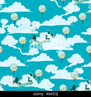 Eine nahtlose Muster mit einem asiatischen Drachen und Ballons in den Himmel, driften in den Wolken. Vector Illustration. Stock Vektor