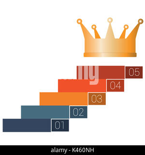 Fünf Schritte zur Krone. Vorlage Infografiken für 5 Positionen. Weißer Hintergrund. Stockfoto