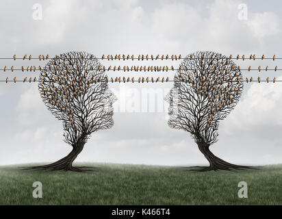 Verbindung Kommunikationsnetz wie Bäume als menschliche Köpfe mit Vögeln auf Drähte als Bote Tauben als Internet angeschlossen werden, geprägt. Stockfoto