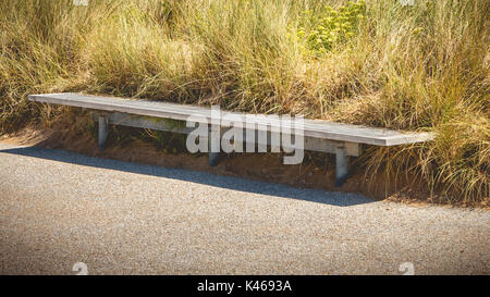 Holzbank in der Mitte der Grünpflanzen eines Baumes mit Sand Stockfoto