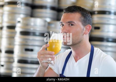 Hübscher junger Mann Brauer in Schürze Verkostung frisches Bier Stockfoto