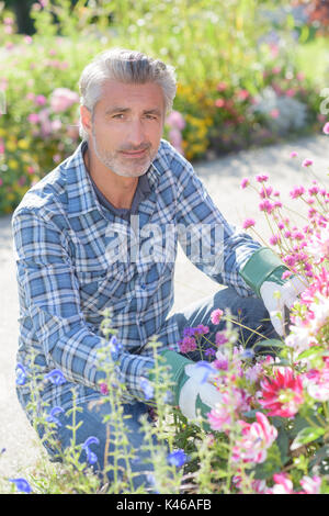 Mann Gärtner Landschaftsbau und Pflege des schönen Blumen Stockfoto