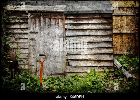 Verfallen und verrottendes Holz Garten in einem üppig bewachsenen Garten Halle Stockfoto
