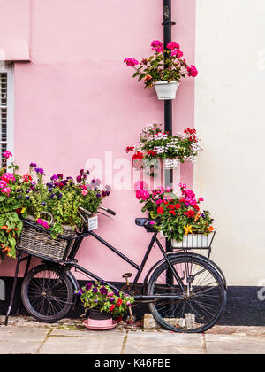 Eine alte Lieferung bike verwendet als Pflanze stand außerhalb eines Hauses in Dunster High Street, Somerset. Stockfoto