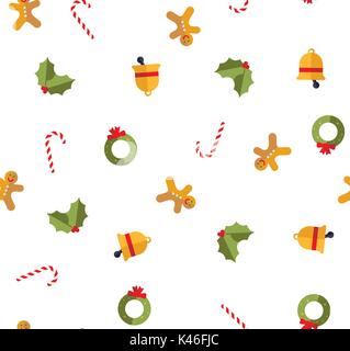 Weihnachten nahtlose Muster mit Zuckerstange, Gingerbread Man, Holly verlässt, christmas bell und Kranz mit Schleife Stock Vektor
