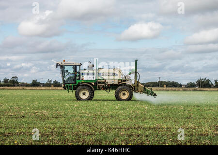 Mann, der ein Househam300 Feldspritze in einem kürzlich geerntet, im frühen Herbst. Langtoft, Lincolnshire, England, UK. Stockfoto