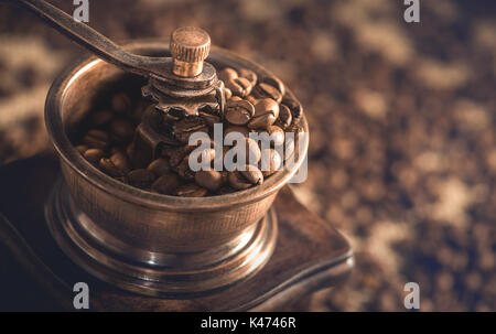 Geröstete Kaffeebohnen in der Kaffeemühle. Stockfoto