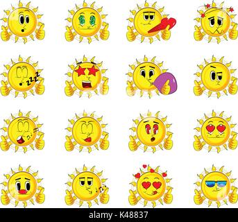 Cartoon sun, Daumen hoch mit zwei Händen. Sammlung mit verschiedenen Gesichtsausdrücke. Vektor einrichten. Stock Vektor