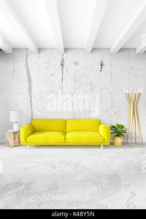 Moderne loft Innenbereich Schlafzimmer oder Wohnzimmer mit vielseitigen Wand mit dem Raum. 3D-Rendering. Stockfoto