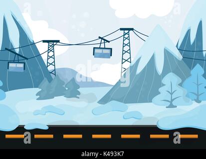Nahtlose cartoon Landschaft, vector Hintergrund mit Bergen und Standseilbahn Stock Vektor