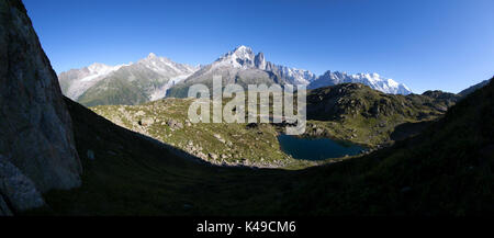 Aiguille Verte Les Drus Aiguille du Chardonnet Monte Bianco. Der Haute Savoie. Frankreich Stockfoto