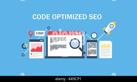 Search- Engineoptimierung - Onpage SEO - seo Meta Daten. Code Optimierung Konzept. Flache design vector-Fahne. Stock Vektor