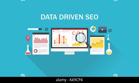 Data Driven Marketing - Seo - Datenanalyse - Website Analyse. Flache design vector-Fahne. Stock Vektor