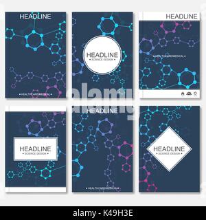 Wissenschaftliche Broschüre Design-Vorlage. Vektor-Flyer-Layout, molekulare Struktur mit verbundener Linien und Punkten. Wissenschaftliche Muster Atom DNA mit Elementen für Magazin, Broschüre, Abdeckung, Plakatgestaltung. Stock Vektor