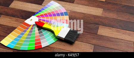 Farbe Farben Katalog und Pinsel auf Holz- Hintergrund. 3D-Darstellung Stockfoto