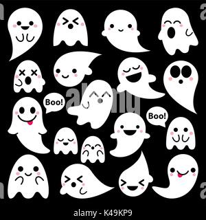 Cute Vector Geister Symbole auf schwarzem Hintergrund, Halloween Design, Kawaii ghost Sammlung Stock Vektor