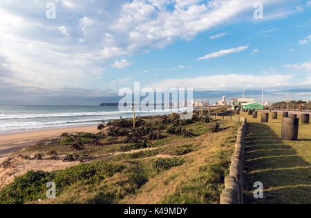 Der frühe Winter morgen Dünenvegetation Strand und Meer am Strand gegen den blauen bewölkten Himmel und Durban Skyline der Stadt in Südafrika Stockfoto