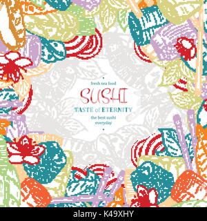 Doodle Sushi Restaurant Menü design Vorlage. Asiatische Lebensmittel bild Gravieren. Vector Illustration Stock Vektor