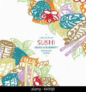 Doodle Sushi Restaurant Menü design Vorlage. Asiatische Lebensmittel bild Gravieren. Vector Illustration Stock Vektor
