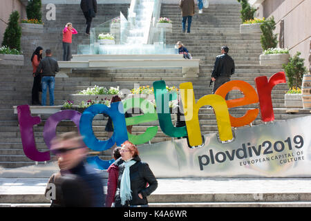 Plovdiv hat die Europäische Kulturhauptstadt in Bulgarien für 2019 ausgewiesen. Das ist eine kulturelle Veranstaltung der lokalen und der europäischen Dimension fördern. Stockfoto