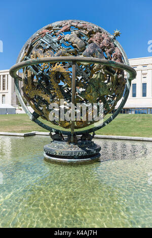 Wilson Globus oder Himmelsglobus, Ariana Park, an der Rückseite Palast der Nationen, Büro der Vereinten Nationen in Genf (UNOG, Genf Stockfoto