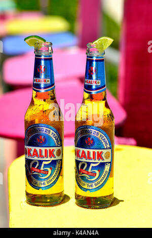 Kalik Beer, Nipper's Beach Bar and Grill, Guana Cay, Abacos Islands, Bahamas Stockfoto