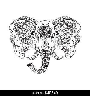 Vektor abstract Elefant im indischen Stil mehndi. Vektor Handzeichnung auf weißem Hintergrund Stock Vektor