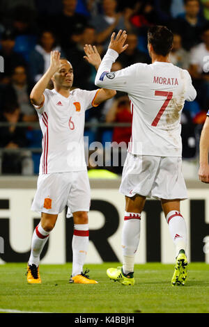 Vaduz, Liechtenstein. 5. Sep 2017. Alvaro Morata (7) Der spanische Spieler feiert die (0, 2) nach dem Ziel seiner Mannschaft, während das Qualifikationsspiel für die WM 2018, Runde 8, zwischen Liechtenstein vs Spanien im Rheinpark Stadion in Vaduz, Liechtenstein, 5. September 2017. Credit: Gtres Información más Comuniación auf Linie, S.L./Alamy leben Nachrichten Stockfoto