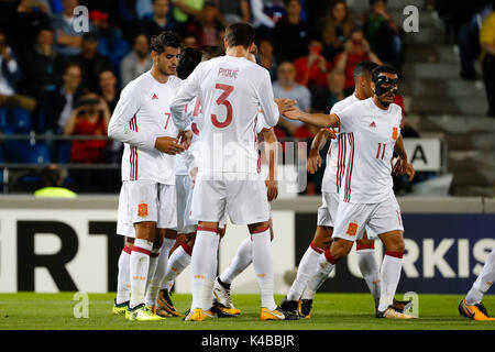 Vaduz, Liechtenstein. 5. Sep 2017. Alvaro Morata (7) Der spanische Spieler feiert die (0, 2) nach dem Ziel seiner Mannschaft, während das Qualifikationsspiel für die WM 2018, Runde 8, zwischen Liechtenstein vs Spanien im Rheinpark Stadion in Vaduz, Liechtenstein, 5. September 2017. Credit: Gtres Información más Comuniación auf Linie, S.L./Alamy leben Nachrichten Stockfoto