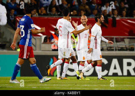 Vaduz, Liechtenstein. 5. Sep 2017. David Silva (21) Der spanische Spieler feiert die (0, 4) nach dem Ziel seiner Mannschaft, während das Qualifikationsspiel für die WM 2018, Runde 8, zwischen Liechtenstein vs Spanien im Rheinpark Stadion in Vaduz, Liechtenstein, 5. September 2017. Credit: Gtres Información más Comuniación auf Linie, S.L./Alamy leben Nachrichten Stockfoto