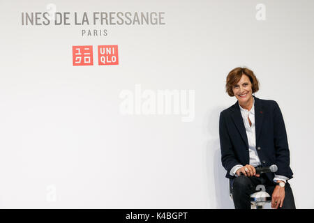 Französische Modell und Modedesignerin Ines de la Fressange besucht eine Media Event für Uniqlo x Ines de La Fressange AW 17 Sammlung, am 5. September 2017, Tokio, Japan. Japanische lässige Kleidung Kette Uniqlo und französische Mode Symbol Ines de la Fressange sind in Zusammenarbeit mit den Herbst/Winter 2017 Kollektion, die in ausgewählten Uniqlo speichert vom 1. September verkauft wird. Credit: Rodrigo Reyes Marin/LBA/Alamy leben Nachrichten Stockfoto