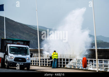 Aberystwyth Wales UK, Mittwoch, 06. September 2017 UK Wetter: Da das Wetter wieder ausschaltet unsettledand breezy, starke Winde und Gezeiten stürmischen Wellen bringen Absturz in die Promenade in Aberystwyth auf der Cardigan Bay Küste von West Wales unbeirrt von den Wellen, eine lokale Behörde Mitarbeiter trägt zu seiner Arbeit Entleerung rhe Mülleimer Photo Credit: Keith Morris/Alamy leben Nachrichten Stockfoto