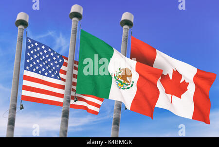 Kanada, Mexiko und den USA Flaggen über blauen Himmel, konzeptionelle Bild für NAFTA-Abkommen (gerenderten 3D-Bild) Stockfoto