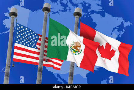 Kanada, Mexiko und den USA Flaggen über Nordamerika Karte, konzeptionelle Bild für NAFTA-Abkommen (gerenderten 3D-Bild) Stockfoto