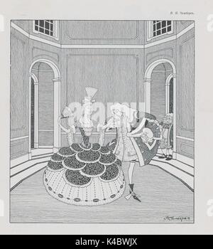 Karikatur aus der Russischen satirische Zeitschrift Adskaia Pochta, die Adligen in aufwendigen Kleidung Tanzen in einen Ballsaal, mit einem Diener peering in von der Tür, den 3. August 2017. Stockfoto