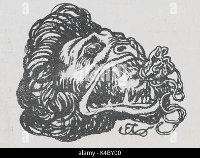 Cartoon Illustration eines Löwen essen ein gebundenes Tuch, Tasche, aus der Russischen satirische Zeitschrift Adskaia Pochta, 1906. Stockfoto
