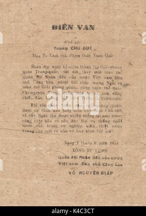 Merkblatt der Vietnamesischen general Vo Nguyen Giap der vietnamesischen Volksarmee, ein großer Stratege während des Vietnam Krieges, 1961. Stockfoto