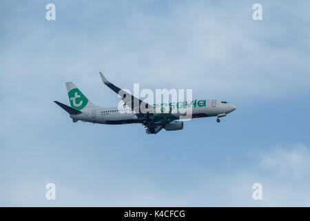 IBIZA, SPANIEN - ca. 2017: Passagierflugzeug Transavia Livery. Boeing 737. F-HTVF Stockfoto