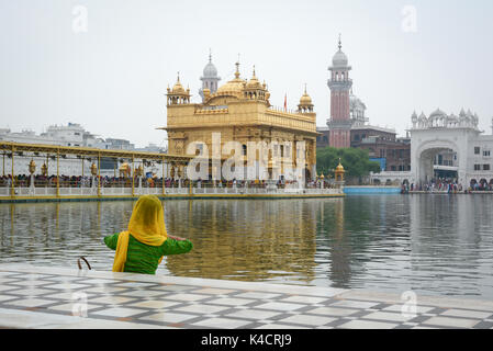 Eine Frau am Teich von Goldenen Tempel in Amritsar, Indien zu beten. Der Tempel ist der heiligste Gurdwara des Sikhismus, in der Stadt Amritsar entfernt. Stockfoto