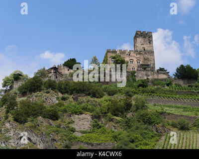 Gutenfels Schloss aus dem 13. Jahrhundert, genannt auch Kaub Burg, auf dem Hügel über der Stadt Kaub am Rhein, Oberes Mittelrheintal. Stockfoto