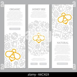 Satz von drei digitalen Honig und Biene vertikale Banner mit Symbol Muster. Vector Illustration Stock Vektor